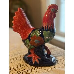 Hand Painted Mexican Talavera Ceramic Rooster 11” Tall MCM Small Chip See Pic